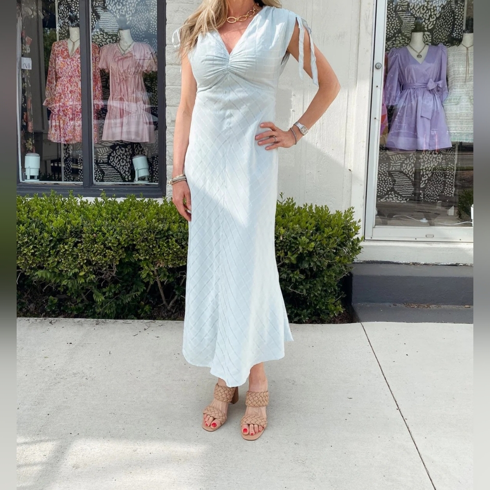 Anna Cate Elegant Soft Blue Plaid Midi Dress, V-neck Cinched Shoulders W/ties